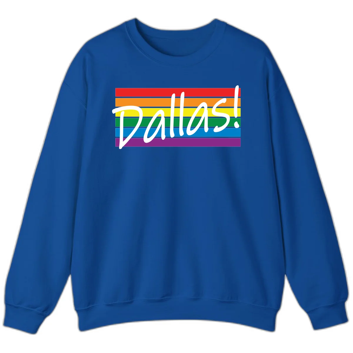 Pallas pride rainbow design with white handwritten text over horizontal stripes in red, orange, yellow, green, blue, and purple in Royal