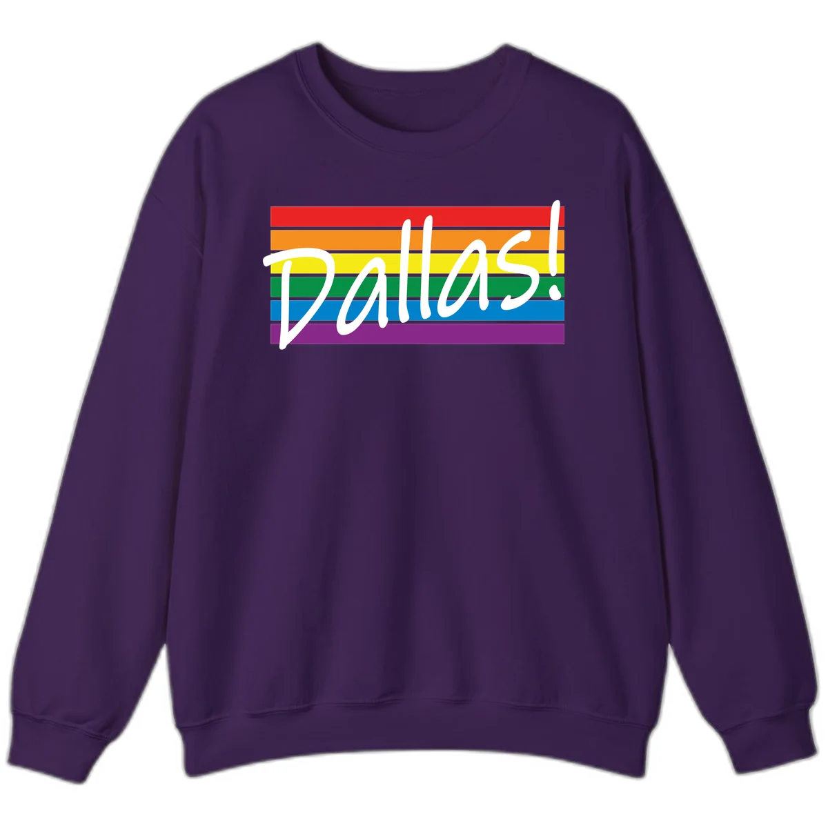 Pallas pride rainbow design with white handwritten text over horizontal stripes in red, orange, yellow, green, blue, and purple in Purple