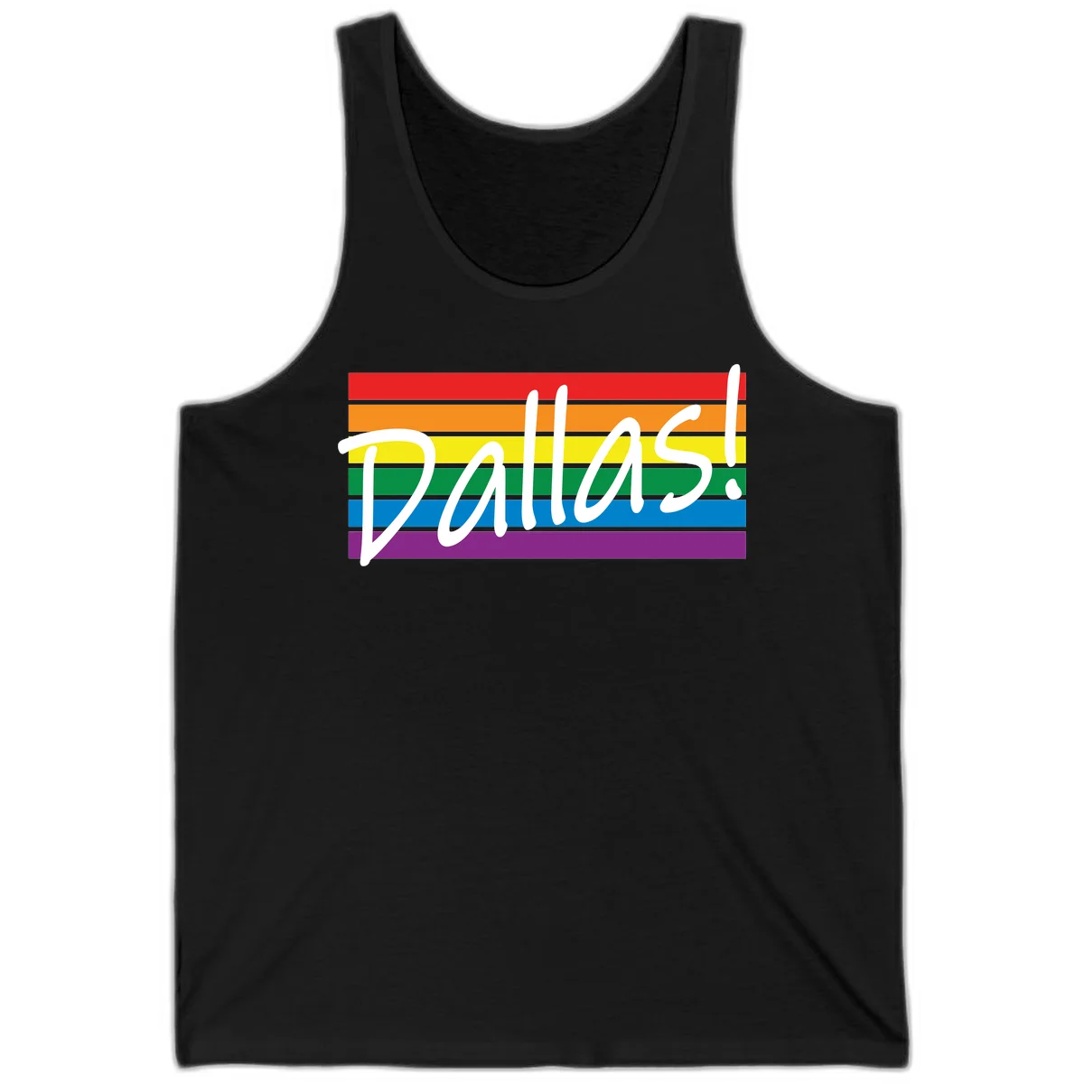 Pallas pride rainbow design with white handwritten text over horizontal stripes in red, orange, yellow, green, blue, and purple in Black