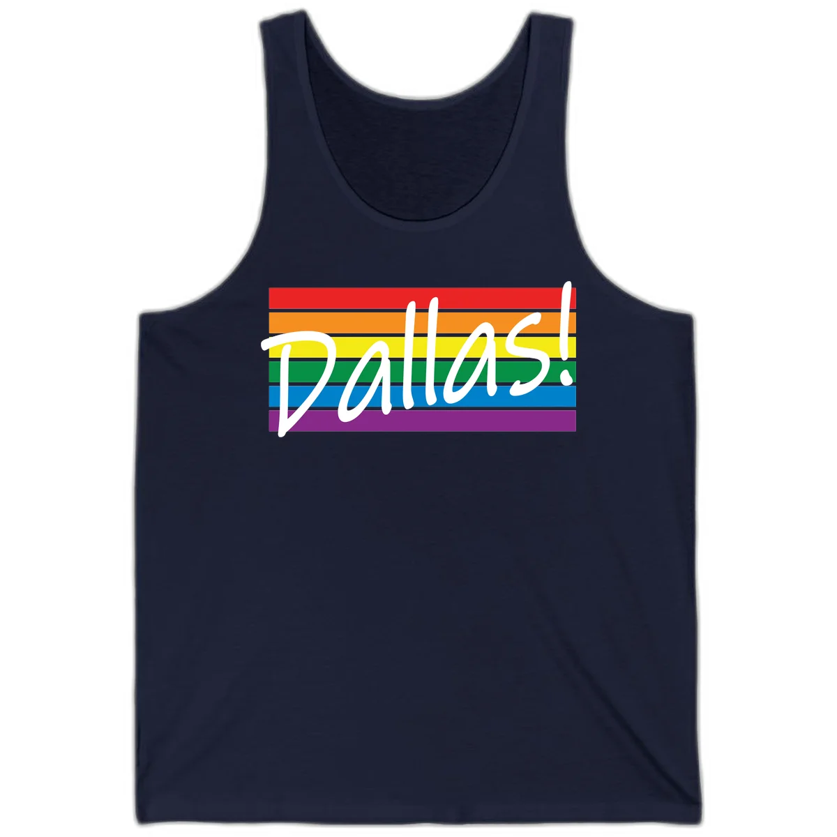 Pallas pride rainbow design with white handwritten text over horizontal stripes in red, orange, yellow, green, blue, and purple in Navy