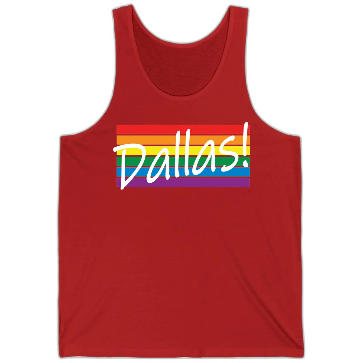 Pallas pride rainbow design with white handwritten text over horizontal stripes in red, orange, yellow, green, blue, and purple in Red