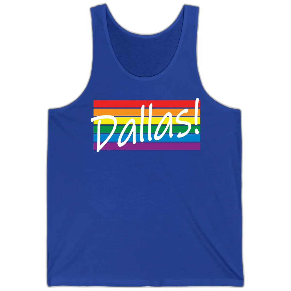 Pallas pride rainbow design with white handwritten text over horizontal stripes in red, orange, yellow, green, blue, and purple in True Royal