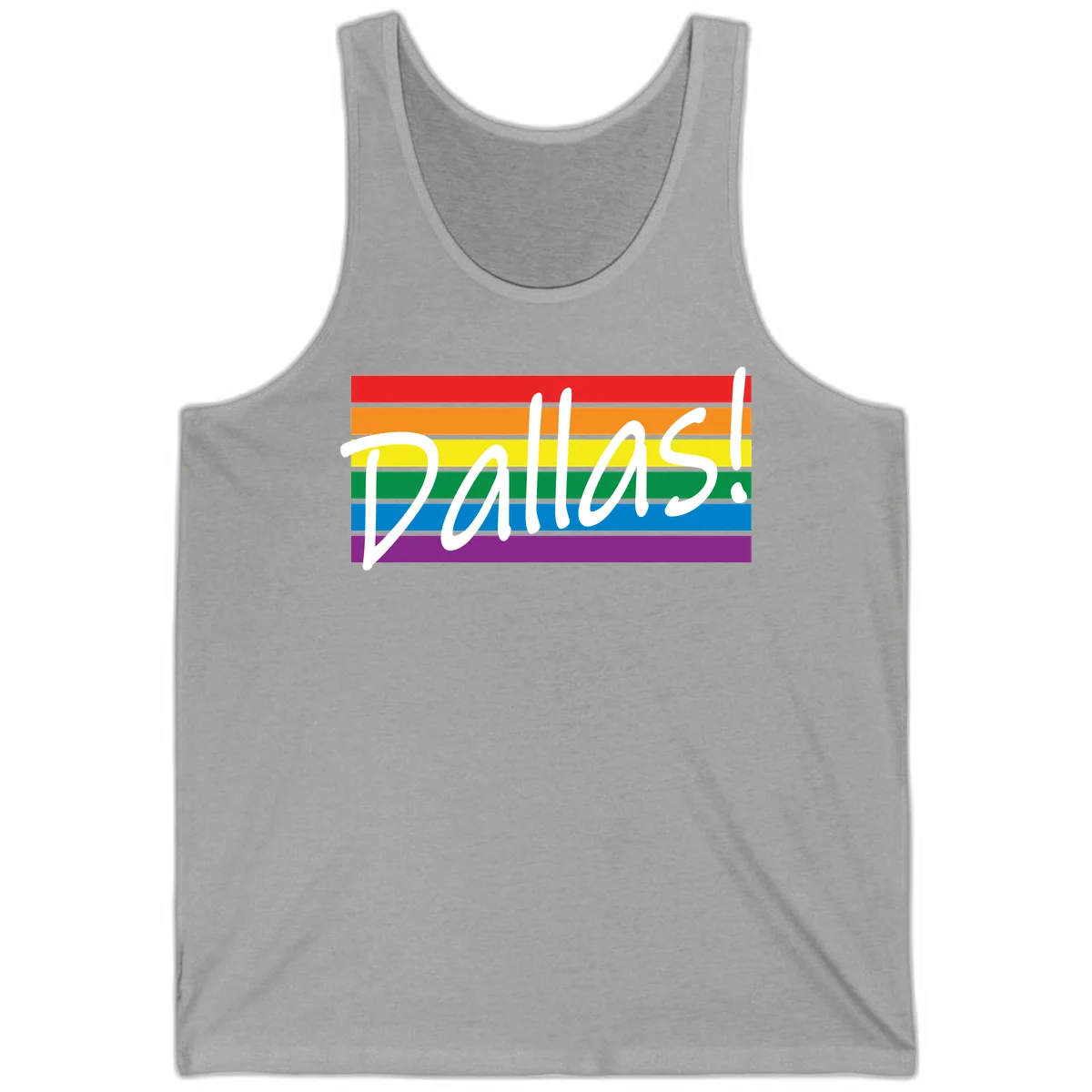 Pallas pride rainbow design with white handwritten text over horizontal stripes in red, orange, yellow, green, blue, and purple in Athletic Heather