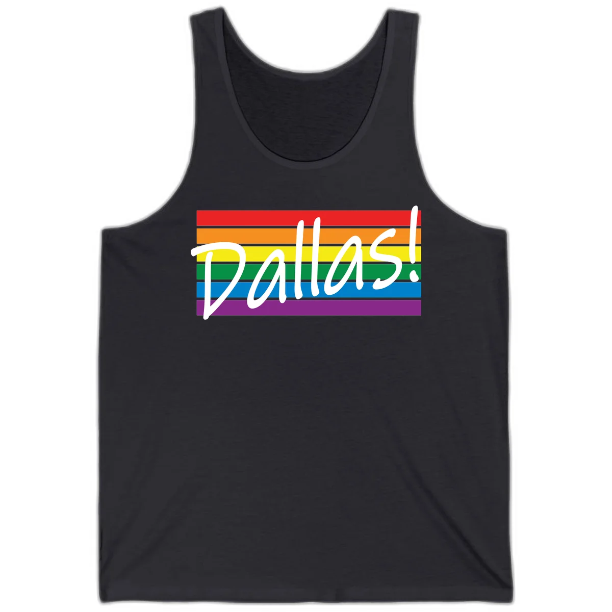 Pallas pride rainbow design with white handwritten text over horizontal stripes in red, orange, yellow, green, blue, and purple in Dark Grey