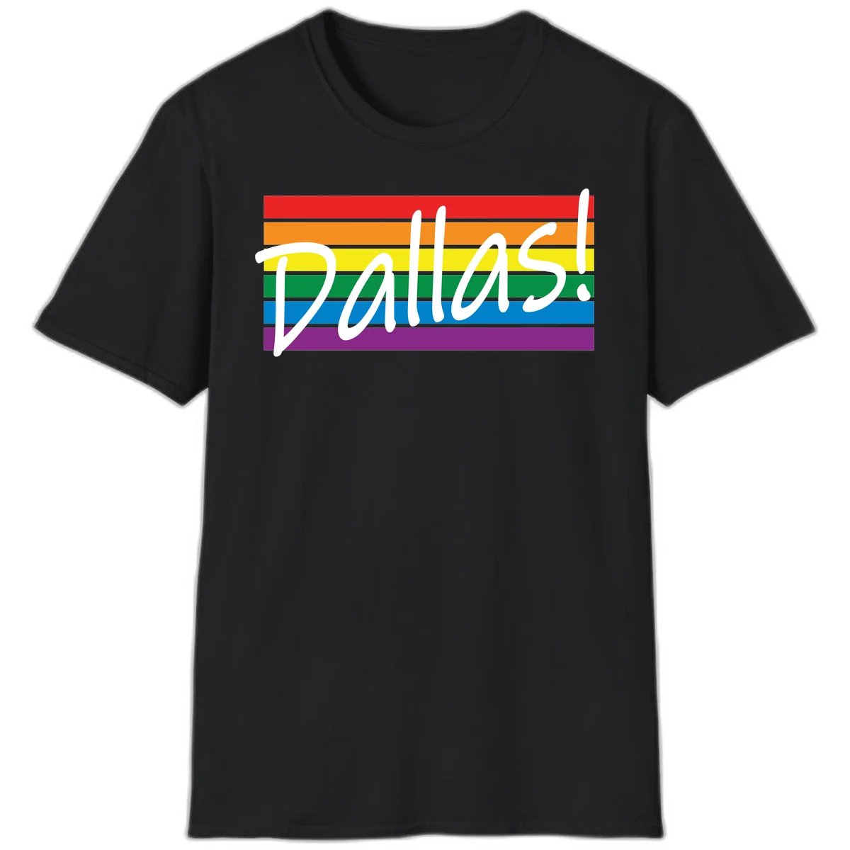 Pallas pride rainbow design with white handwritten text over horizontal stripes in red, orange, yellow, green, blue, and purple in Black