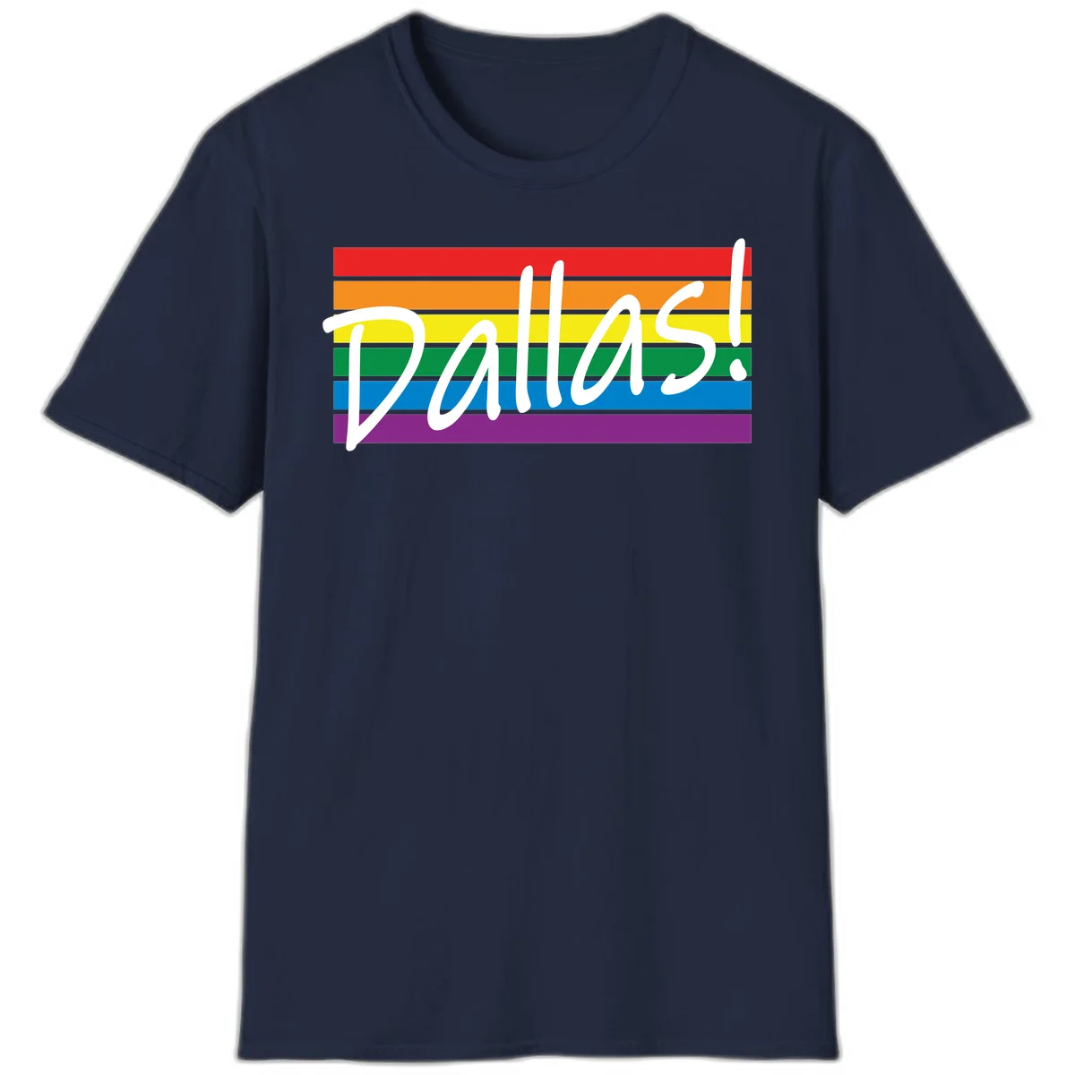 Pallas pride rainbow design with white handwritten text over horizontal stripes in red, orange, yellow, green, blue, and purple in Navy