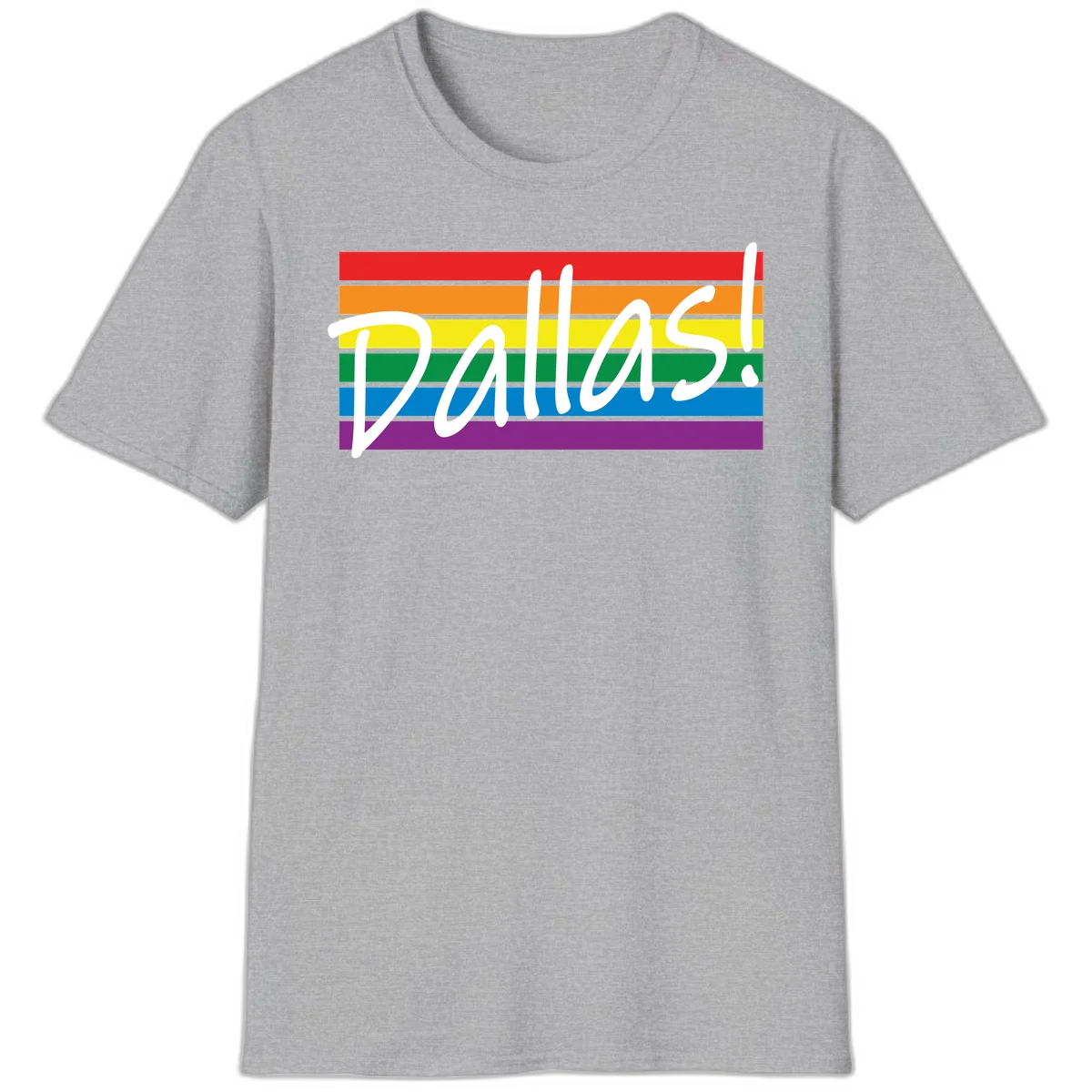 Pallas pride rainbow design with white handwritten text over horizontal stripes in red, orange, yellow, green, blue, and purple in Sport Grey