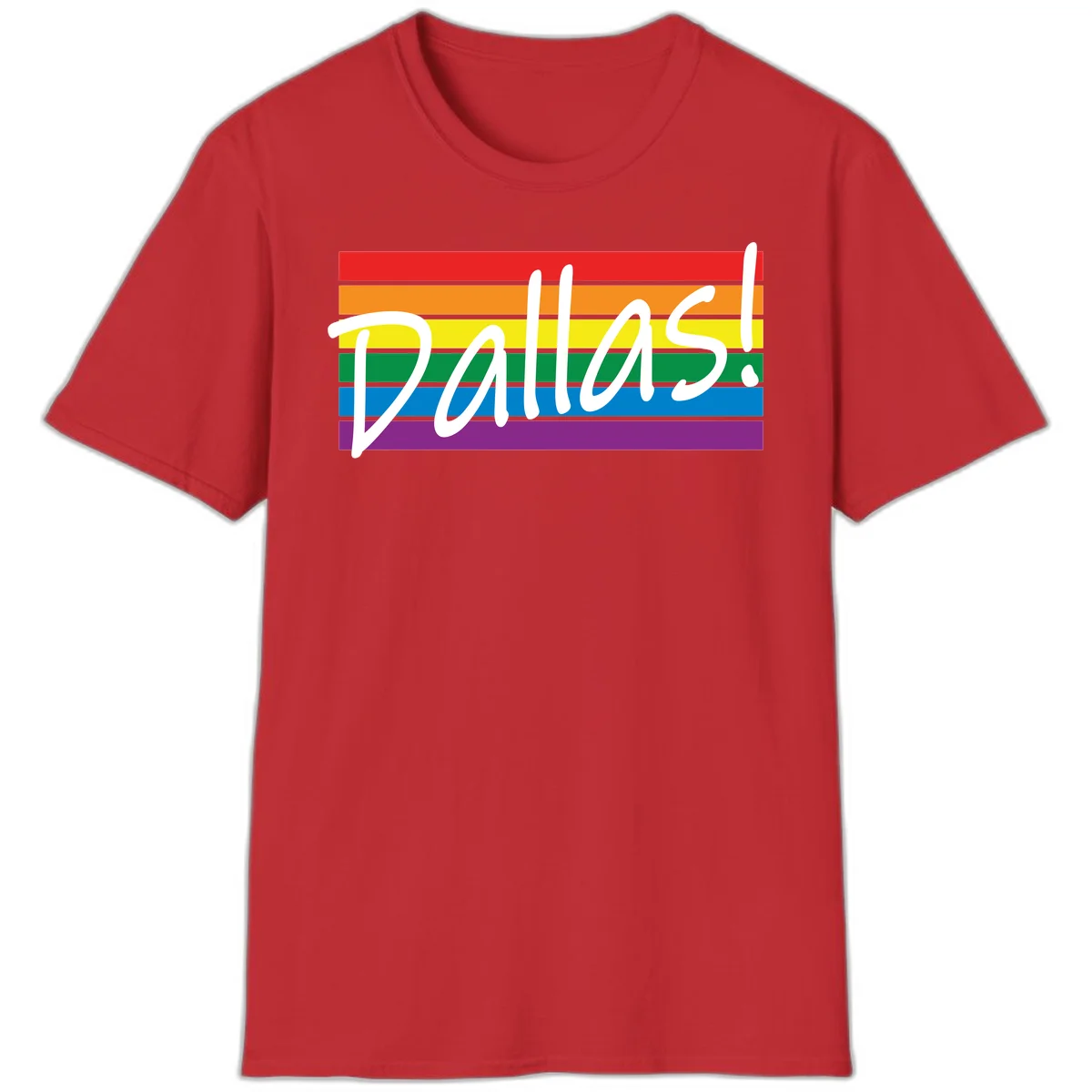 Pallas pride rainbow design with white handwritten text over horizontal stripes in red, orange, yellow, green, blue, and purple in Red
