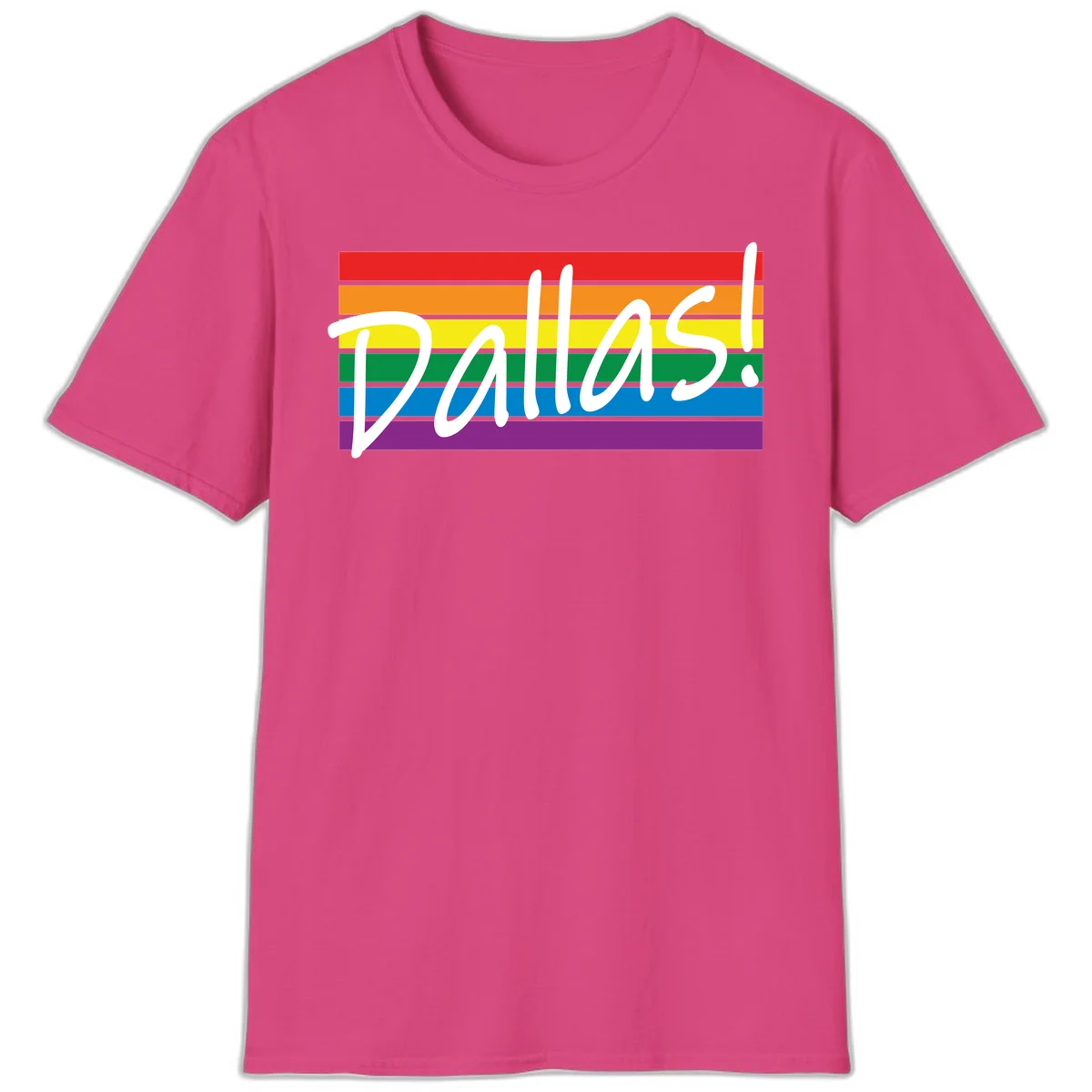 Pallas pride rainbow design with white handwritten text over horizontal stripes in red, orange, yellow, green, blue, and purple in Heliconia