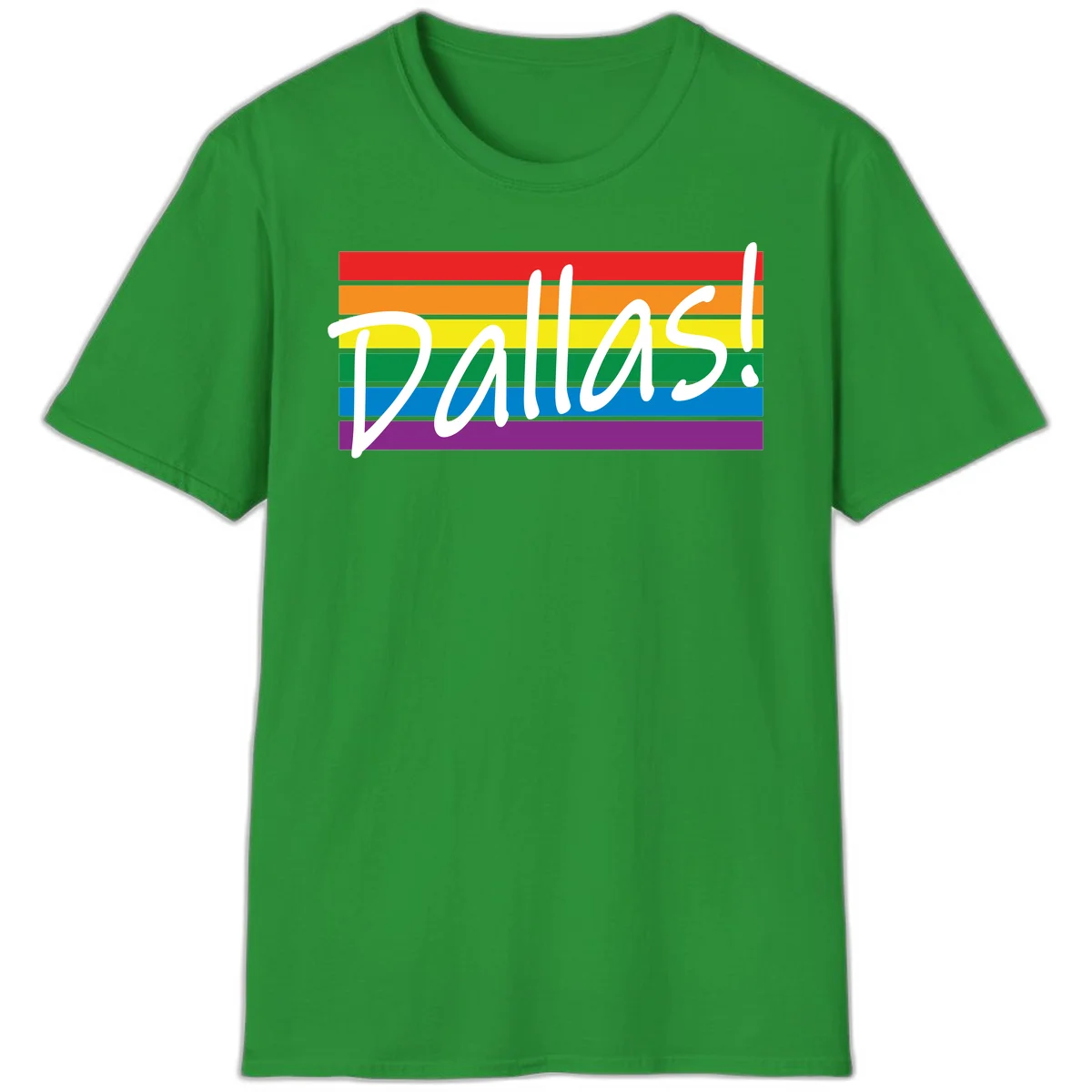 Pallas pride rainbow design with white handwritten text over horizontal stripes in red, orange, yellow, green, blue, and purple in Irish Green