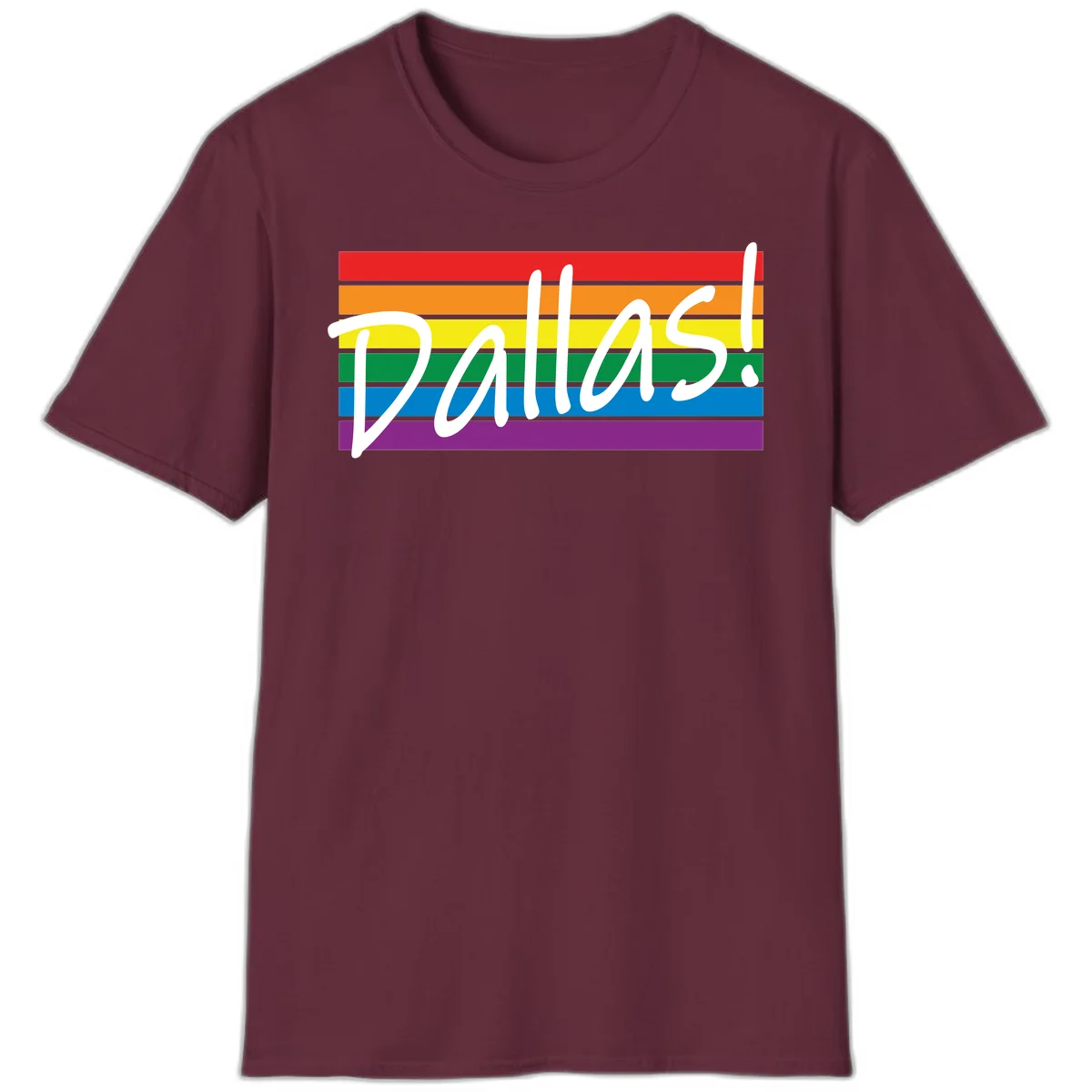 Pallas pride rainbow design with white handwritten text over horizontal stripes in red, orange, yellow, green, blue, and purple in Maroon