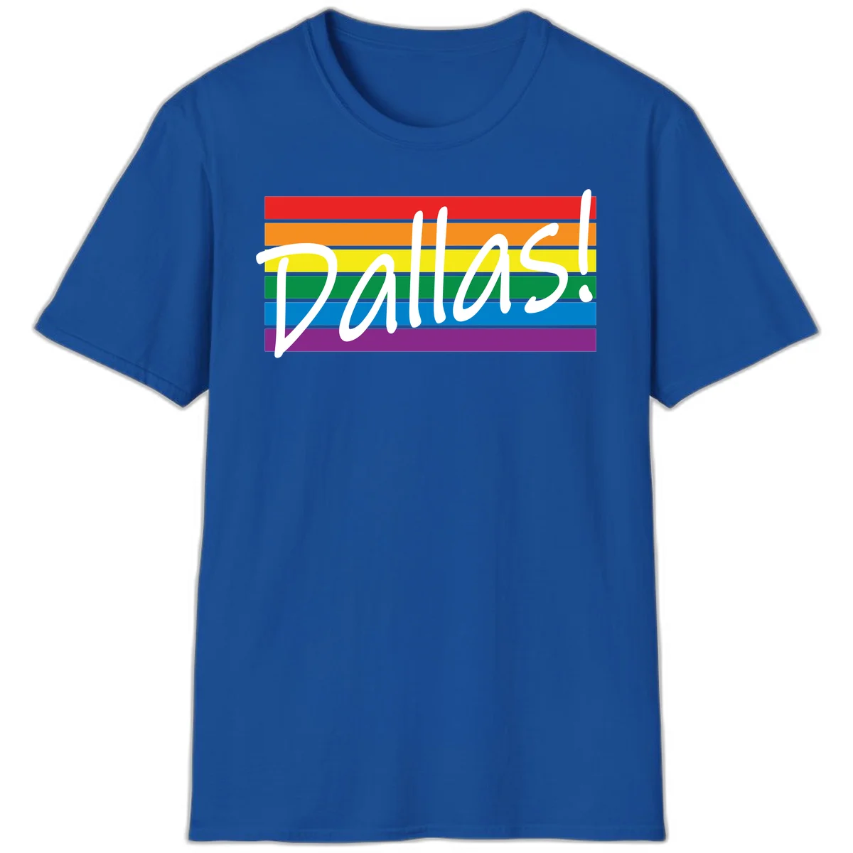 Pallas pride rainbow design with white handwritten text over horizontal stripes in red, orange, yellow, green, blue, and purple in Royal