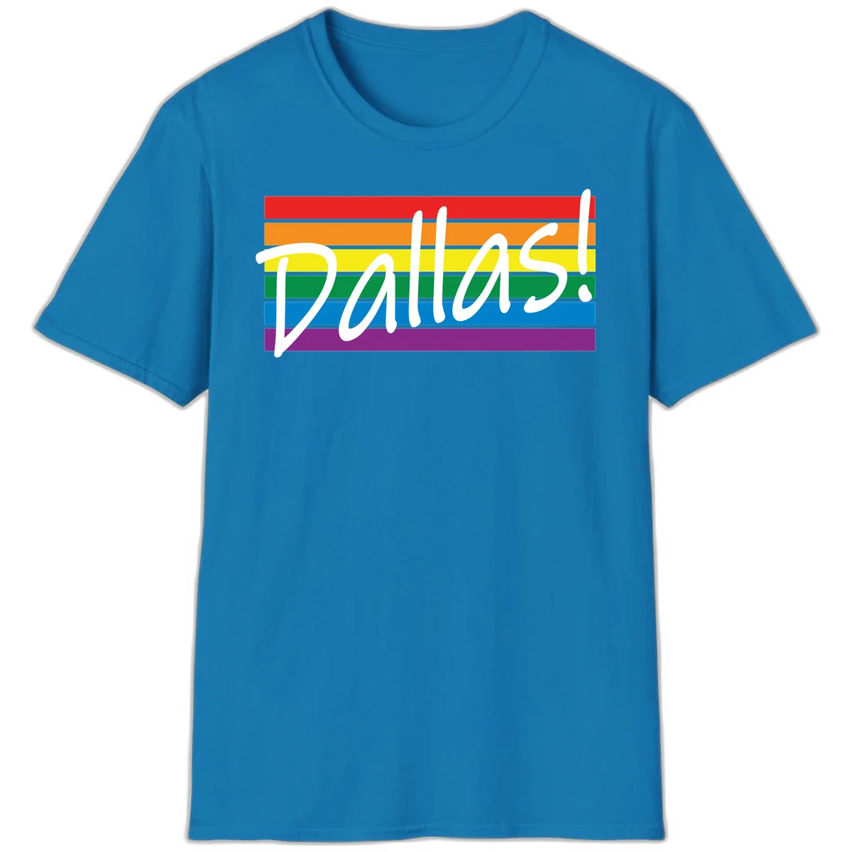 Pallas pride rainbow design with white handwritten text over horizontal stripes in red, orange, yellow, green, blue, and purple in Sapphire
