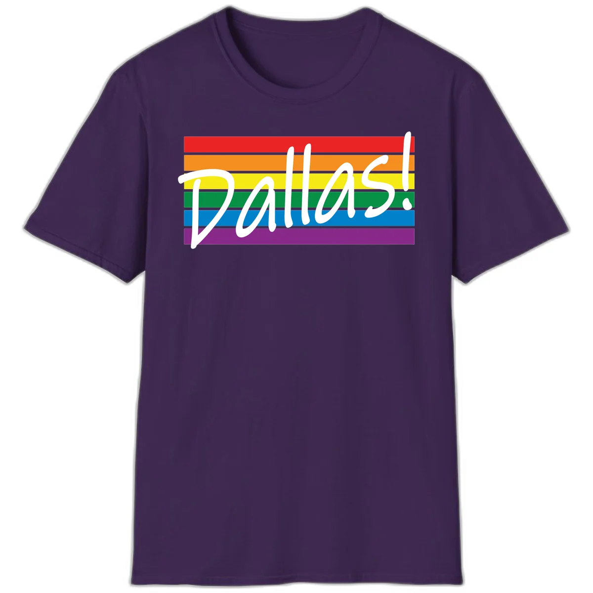 Pallas pride rainbow design with white handwritten text over horizontal stripes in red, orange, yellow, green, blue, and purple in Purple