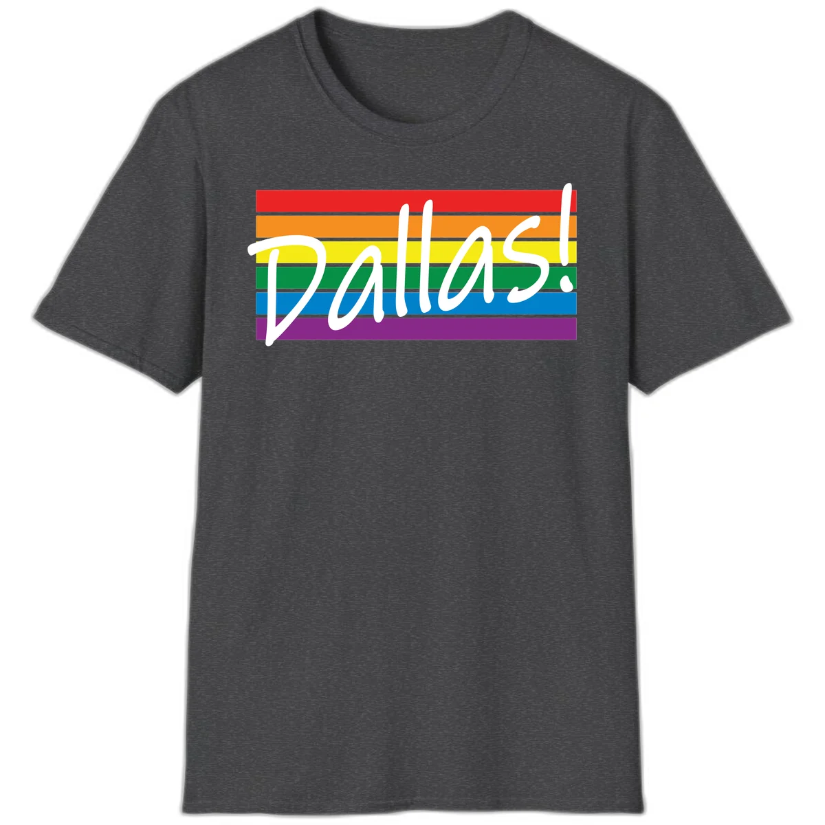 Pallas pride rainbow design with white handwritten text over horizontal stripes in red, orange, yellow, green, blue, and purple in Dark Heather