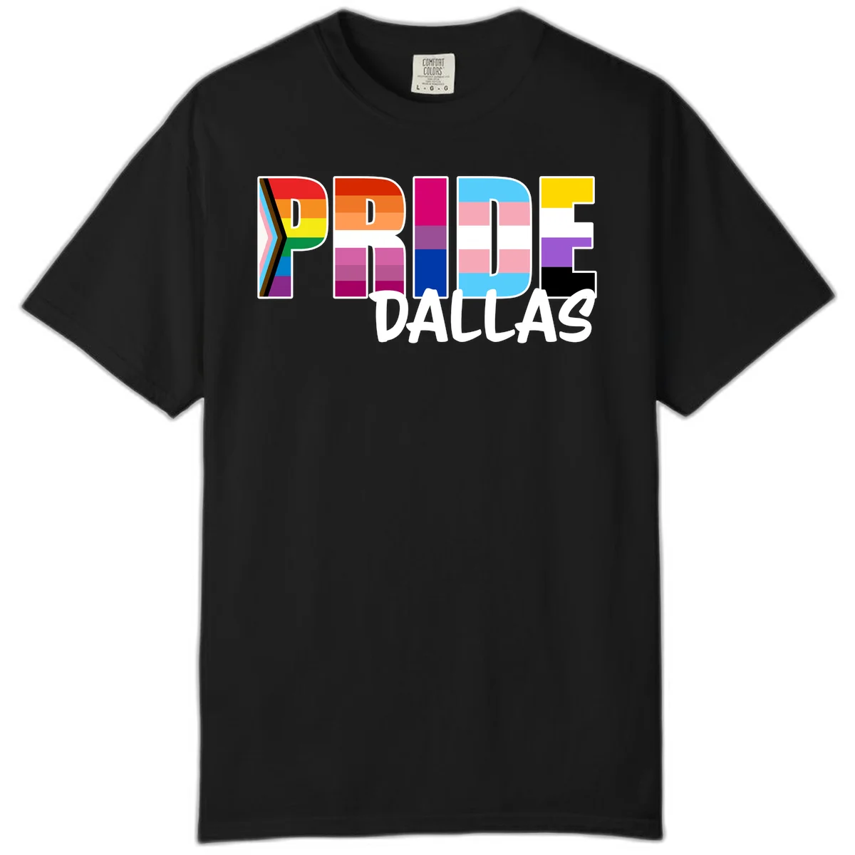 Pride Dallas design with large colorful block letters filled with rainbow and pride flag colors including progress chevron stripes in Black