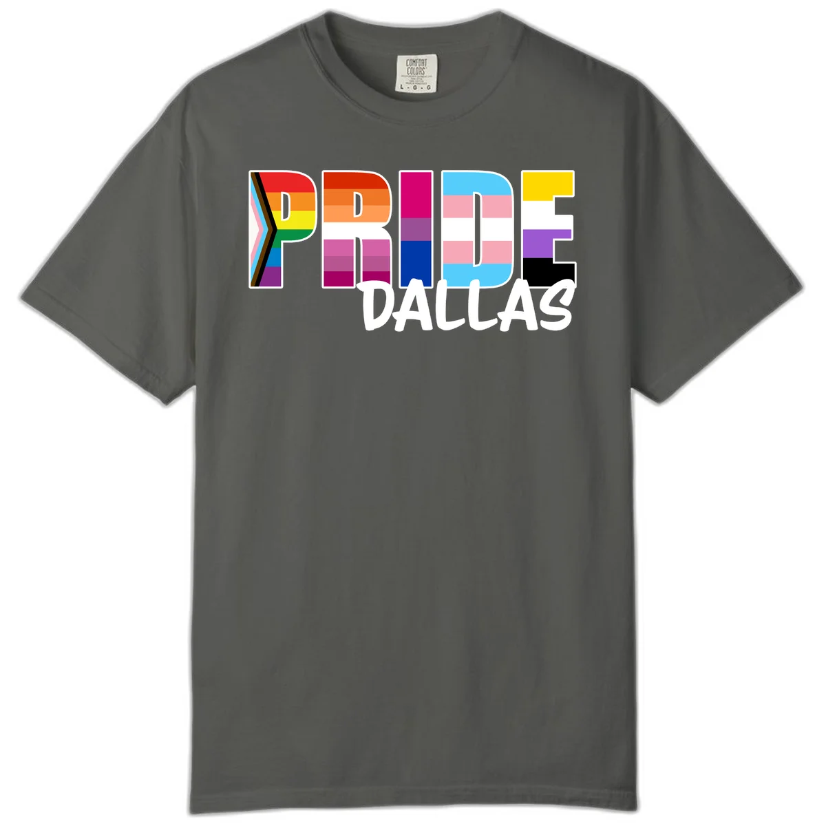Pride Dallas design with large colorful block letters filled with rainbow and pride flag colors including progress chevron stripes in Pepper