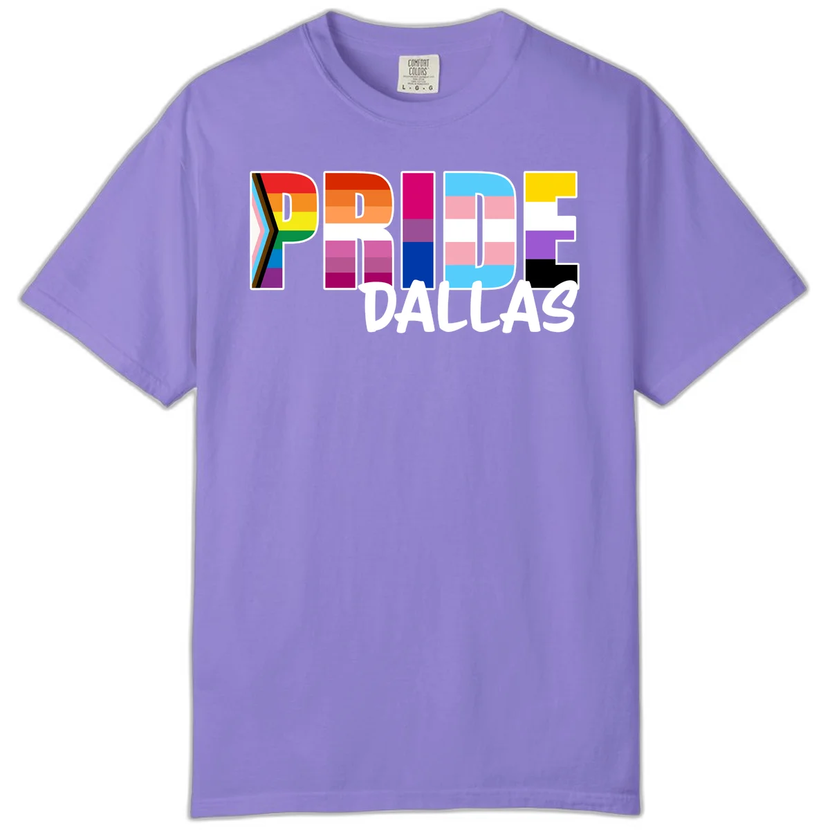 Pride Dallas design with large colorful block letters filled with rainbow and pride flag colors including progress chevron stripes in Violet