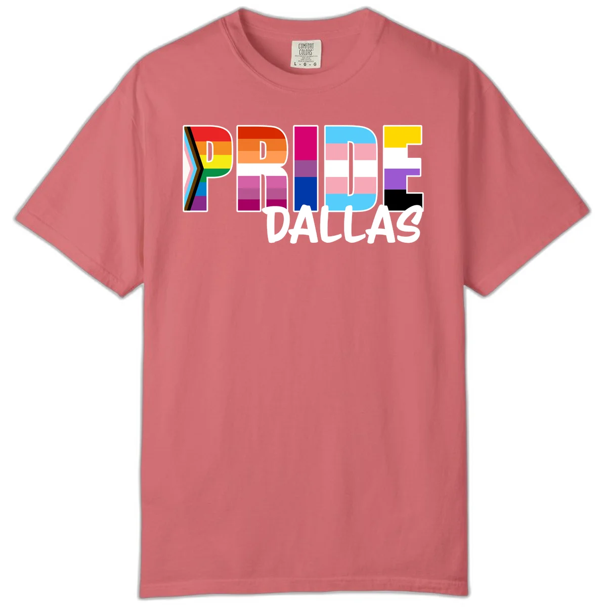 Pride Dallas design with large colorful block letters filled with rainbow and pride flag colors including progress chevron stripes in Watermelon