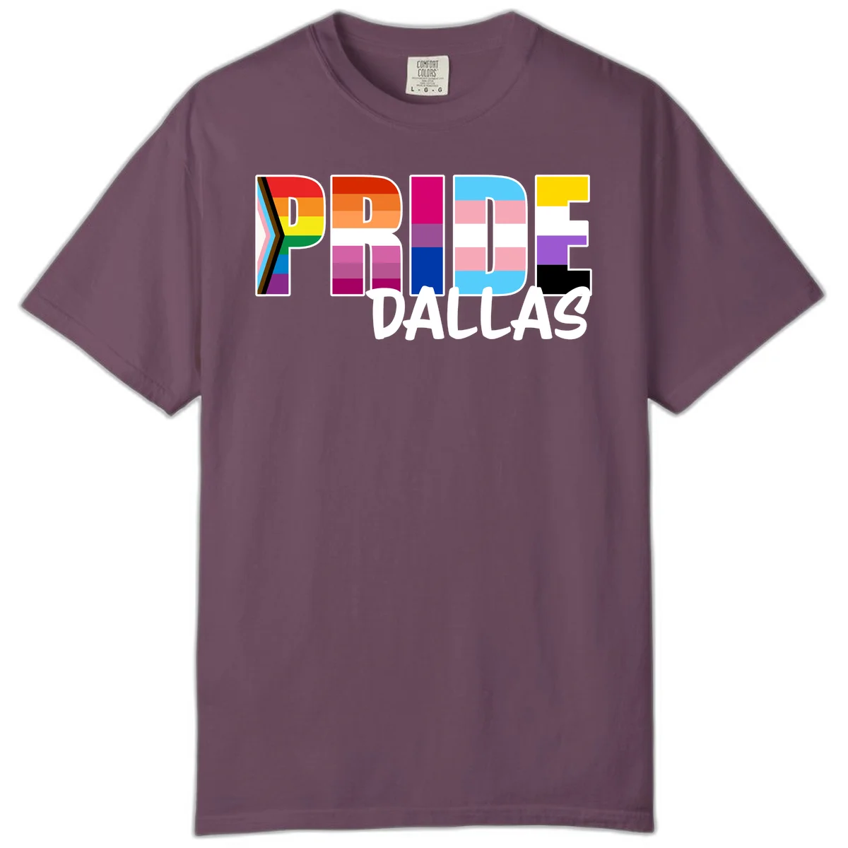 Pride Dallas design with large colorful block letters filled with rainbow and pride flag colors including progress chevron stripes in Berry