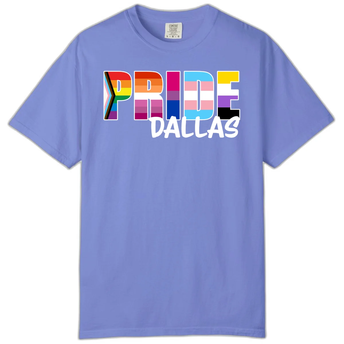 Pride Dallas design with large colorful block letters filled with rainbow and pride flag colors including progress chevron stripes in Flo Blue