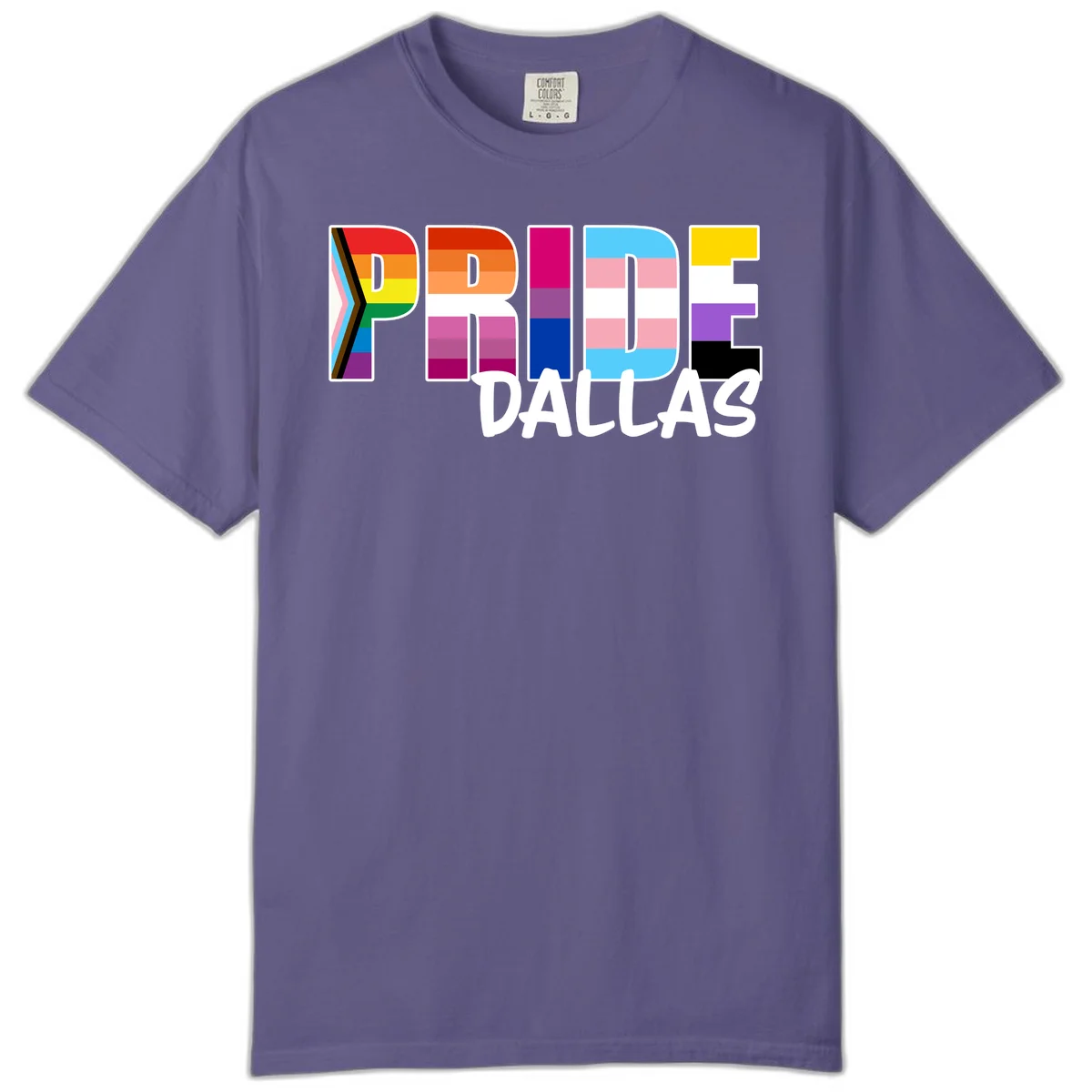 Pride Dallas design with large colorful block letters filled with rainbow and pride flag colors including progress chevron stripes in Grape