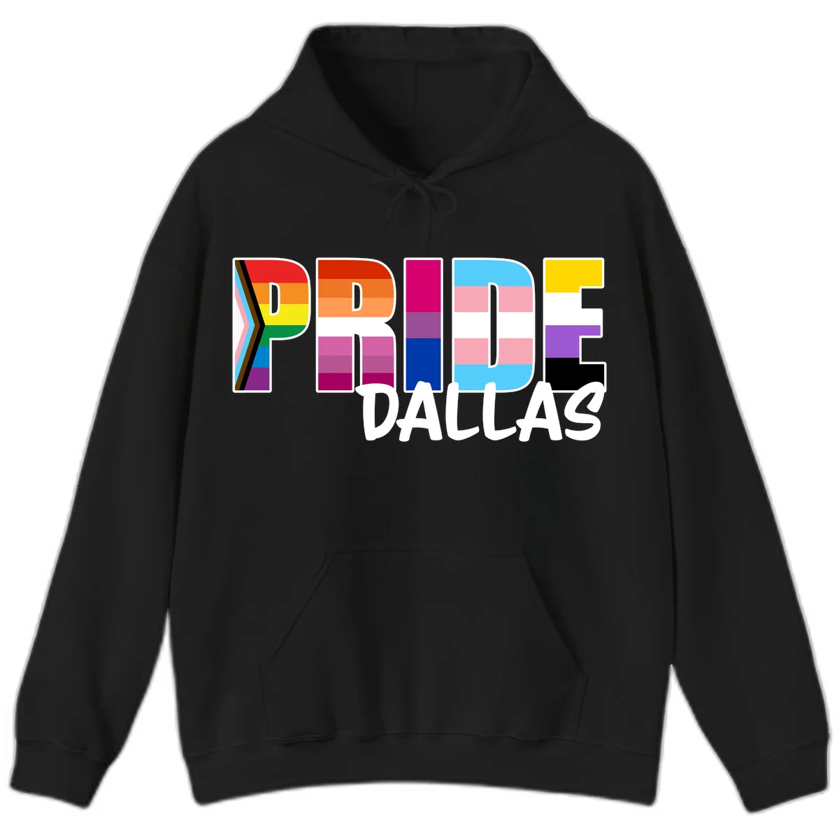 Pride Dallas design with large colorful block letters filled with rainbow and pride flag colors including progress chevron stripes in Black