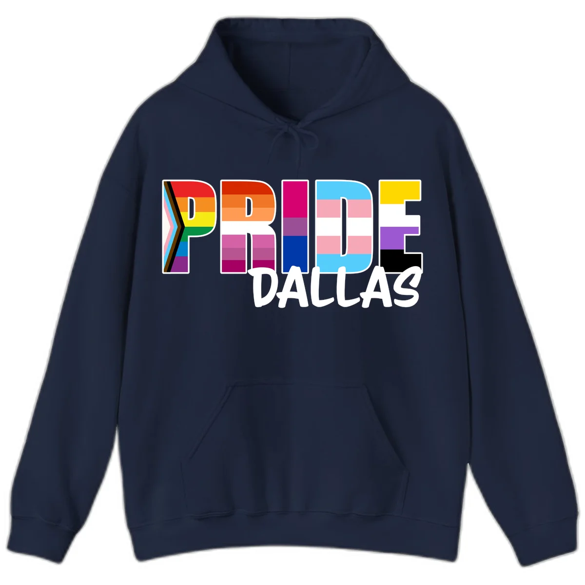 Pride Dallas design with large colorful block letters filled with rainbow and pride flag colors including progress chevron stripes in Navy