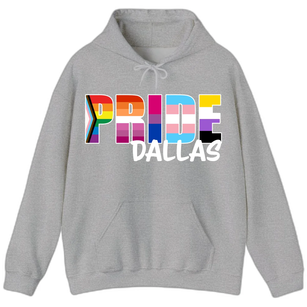 Pride Dallas design with large colorful block letters filled with rainbow and pride flag colors including progress chevron stripes in Sport Grey