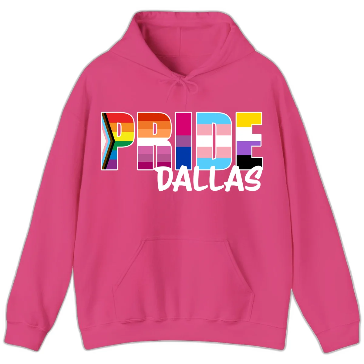 Pride Dallas design with large colorful block letters filled with rainbow and pride flag colors including progress chevron stripes in Heliconia