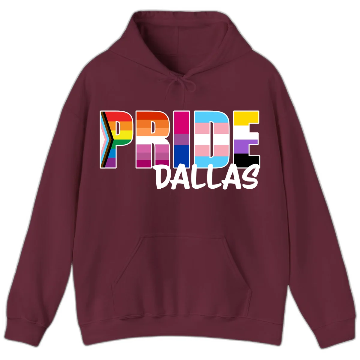 Pride Dallas design with large colorful block letters filled with rainbow and pride flag colors including progress chevron stripes in Maroon