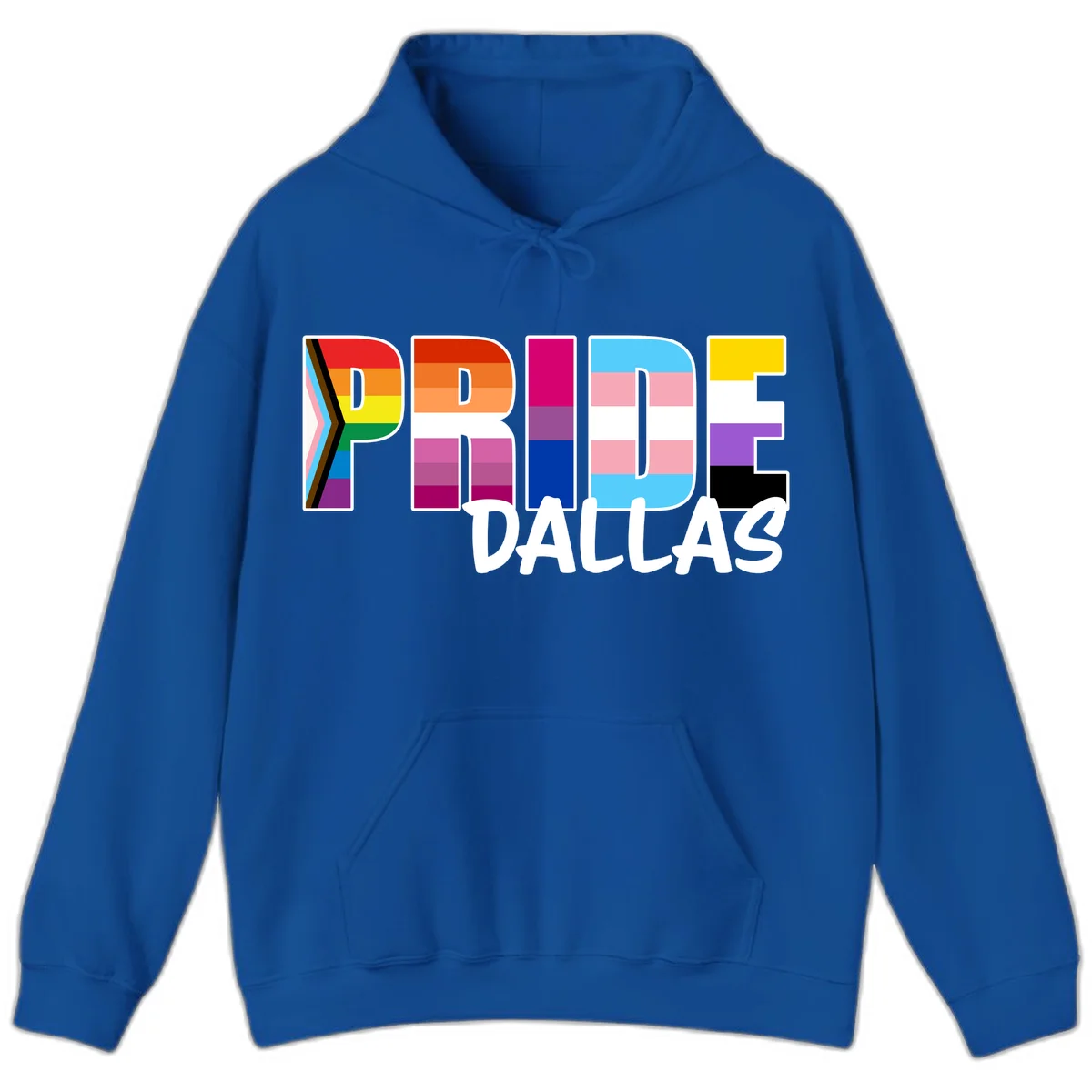 Pride Dallas design with large colorful block letters filled with rainbow and pride flag colors including progress chevron stripes in Royal