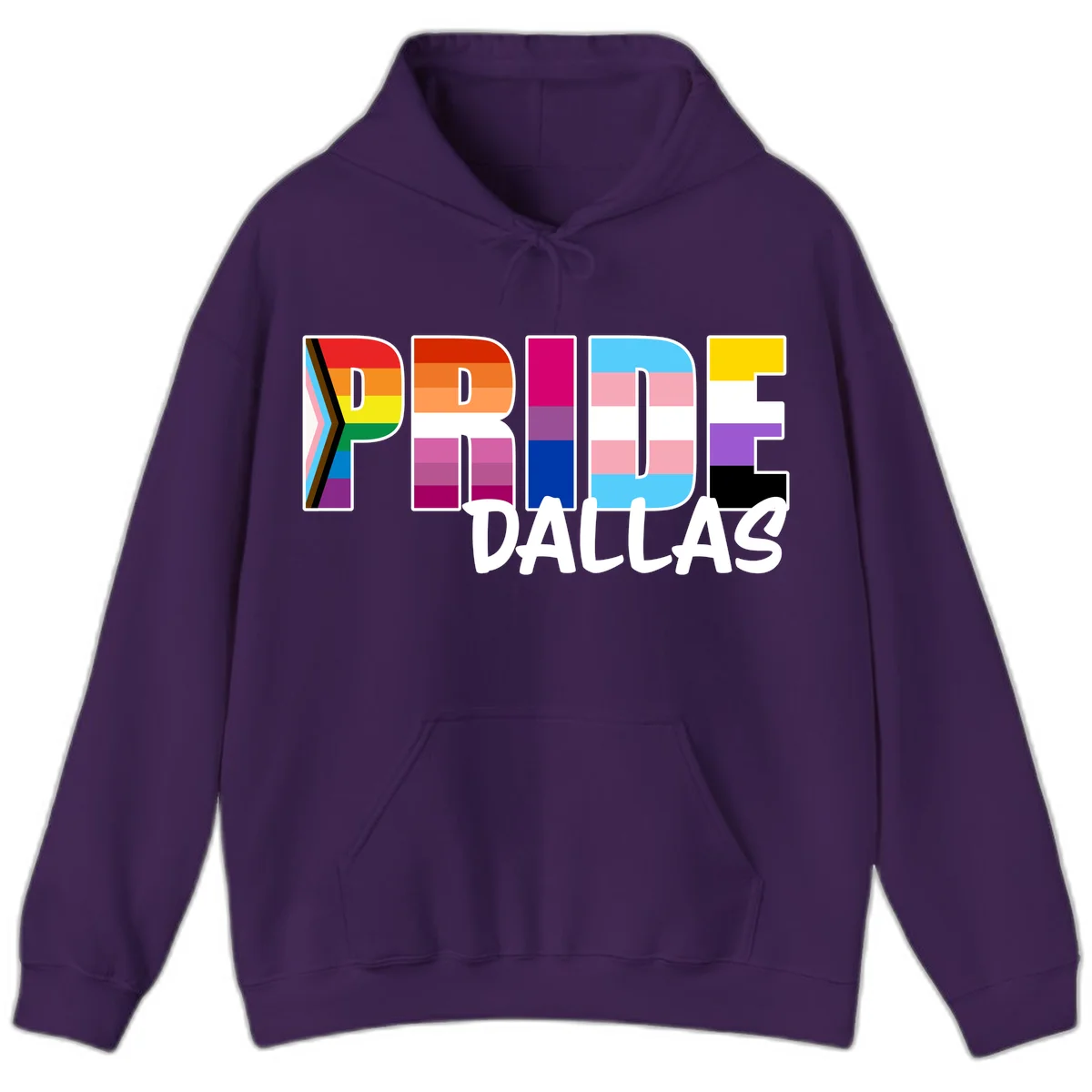 Pride Dallas design with large colorful block letters filled with rainbow and pride flag colors including progress chevron stripes in Purple