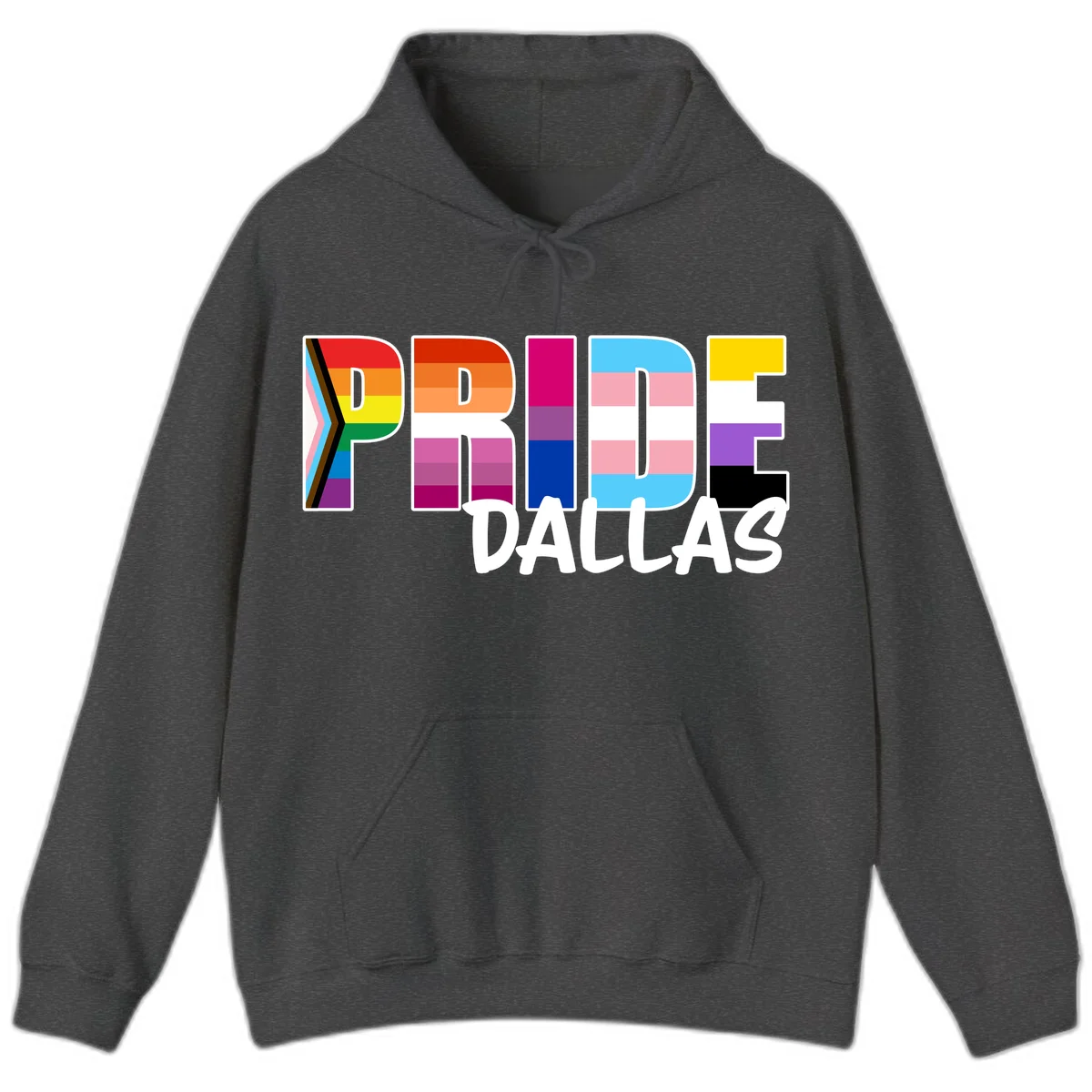 Pride Dallas design with large colorful block letters filled with rainbow and pride flag colors including progress chevron stripes in Dark Heather