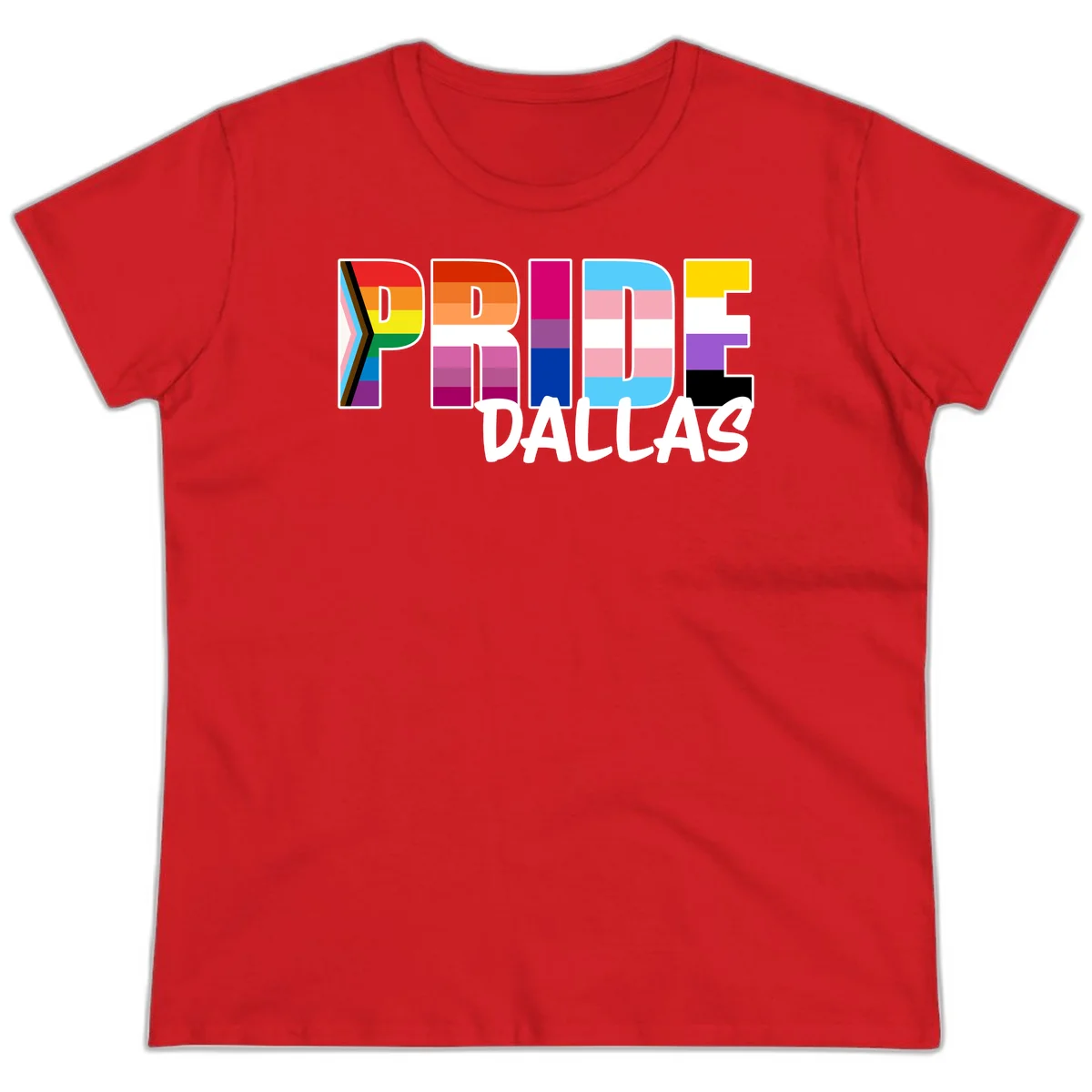 Pride Dallas design with large colorful block letters filled with rainbow and pride flag colors including progress chevron stripes in Red