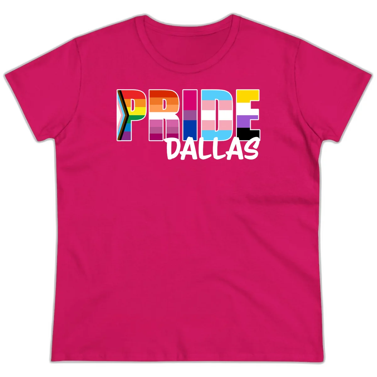 Pride Dallas design with large colorful block letters filled with rainbow and pride flag colors including progress chevron stripes in Heliconia