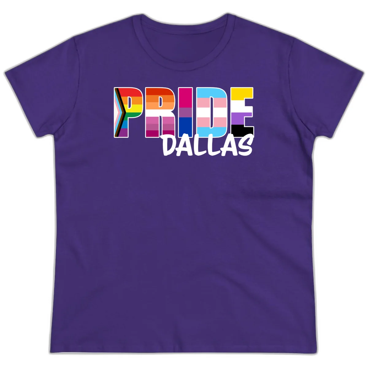 Pride Dallas design with large colorful block letters filled with rainbow and pride flag colors including progress chevron stripes in Purple