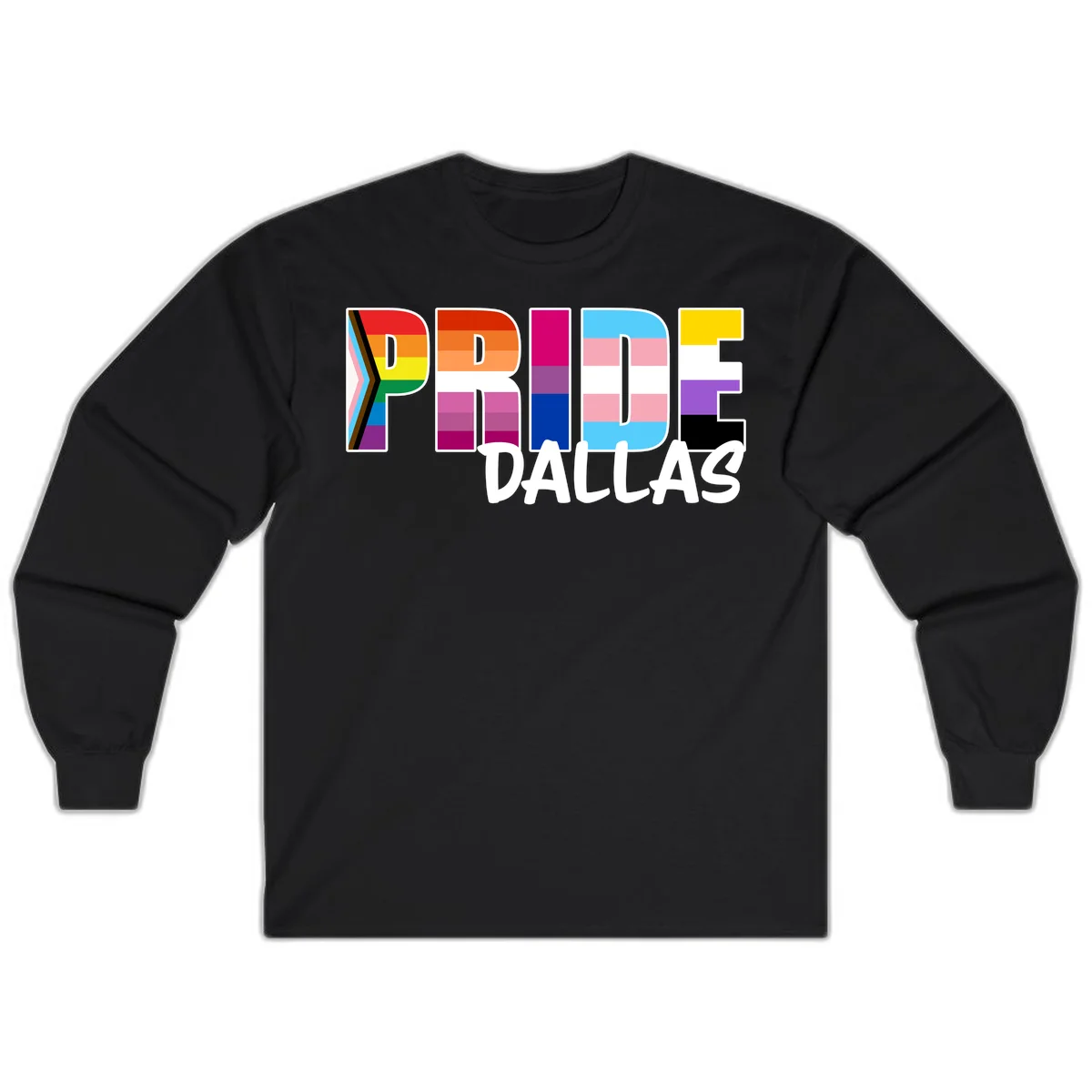 Pride Dallas design with large colorful block letters filled with rainbow and pride flag colors including progress chevron stripes in Black
