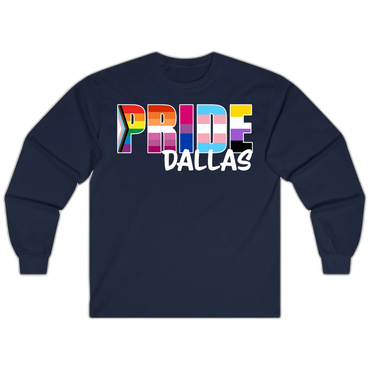 Pride Dallas design with large colorful block letters filled with rainbow and pride flag colors including progress chevron stripes in Navy