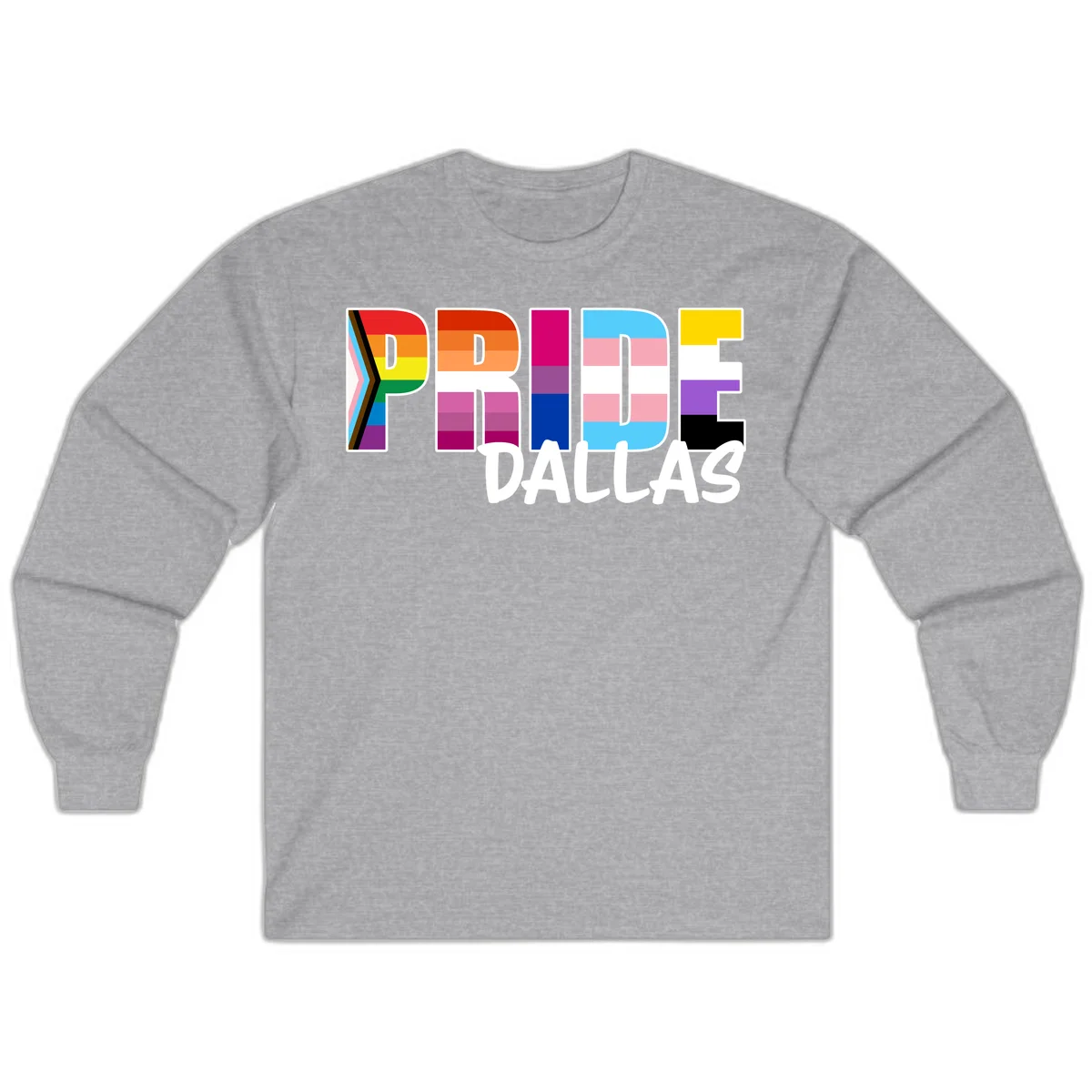 Pride Dallas design with large colorful block letters filled with rainbow and pride flag colors including progress chevron stripes in Sport Grey