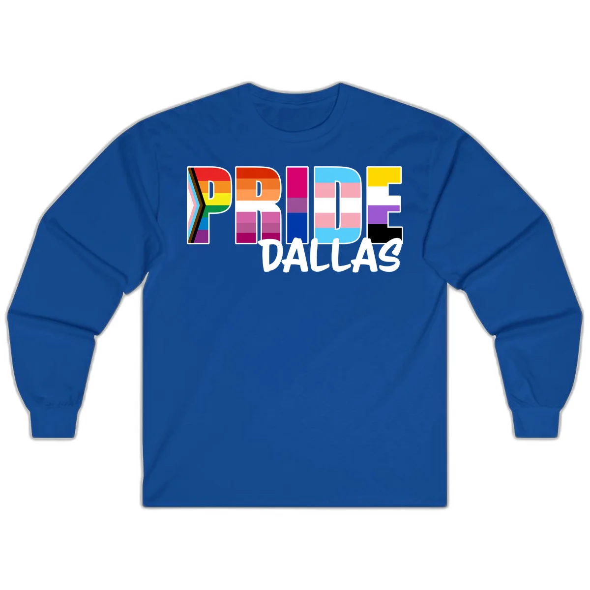 Pride Dallas design with large colorful block letters filled with rainbow and pride flag colors including progress chevron stripes in Royal