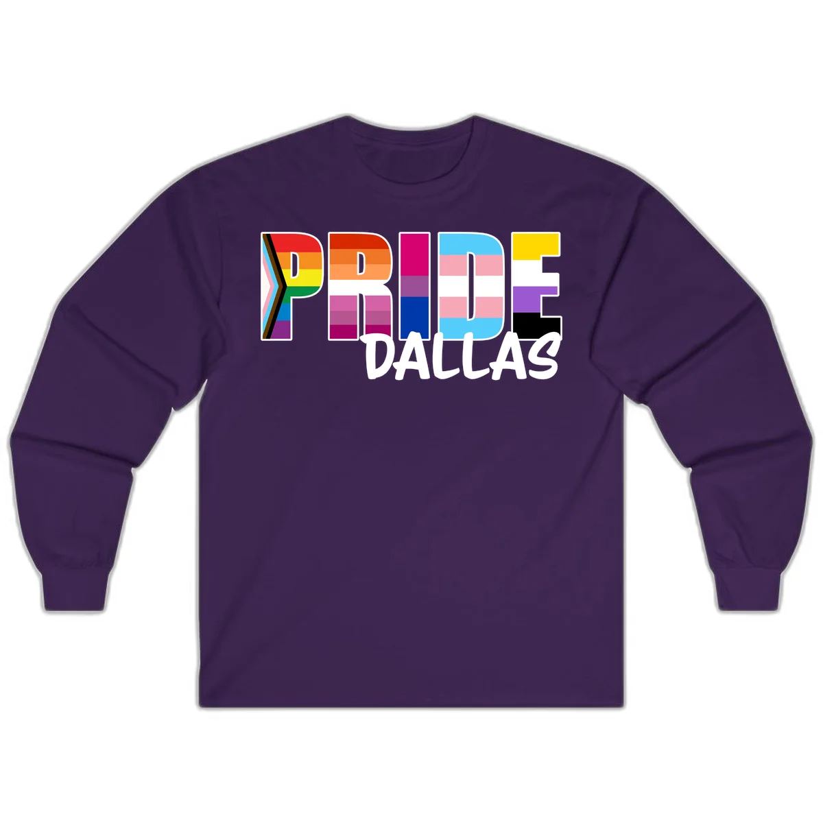 Pride Dallas design with large colorful block letters filled with rainbow and pride flag colors including progress chevron stripes in Purple