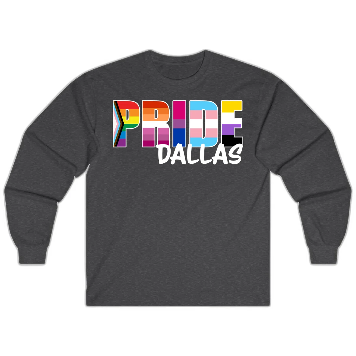 Pride Dallas design with large colorful block letters filled with rainbow and pride flag colors including progress chevron stripes in Dark Heather
