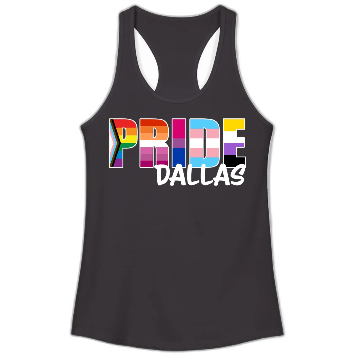 Pride Dallas design with large colorful block letters filled with rainbow and pride flag colors including progress chevron stripes in Black