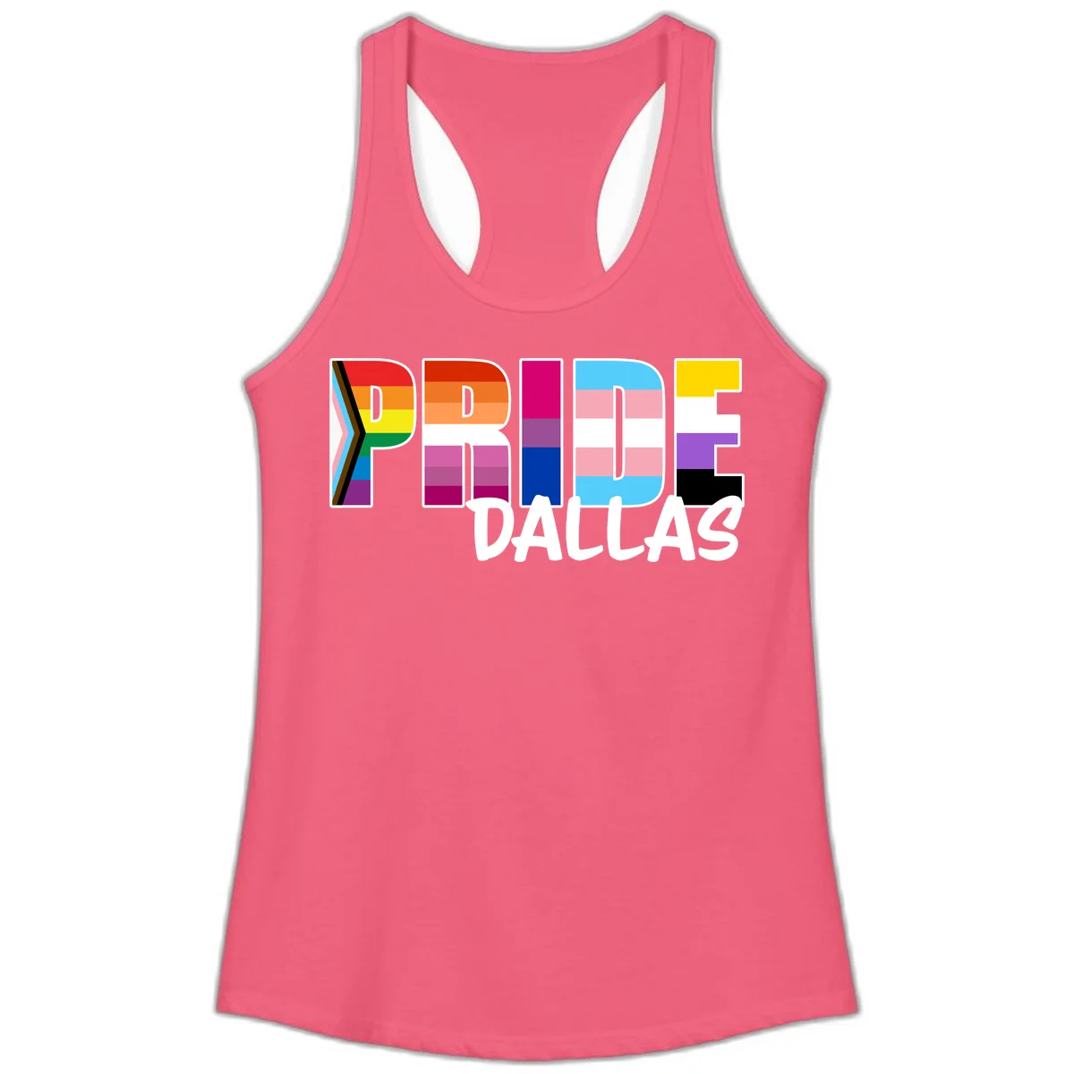 Pride Dallas design with large colorful block letters filled with rainbow and pride flag colors including progress chevron stripes in Hot Pink