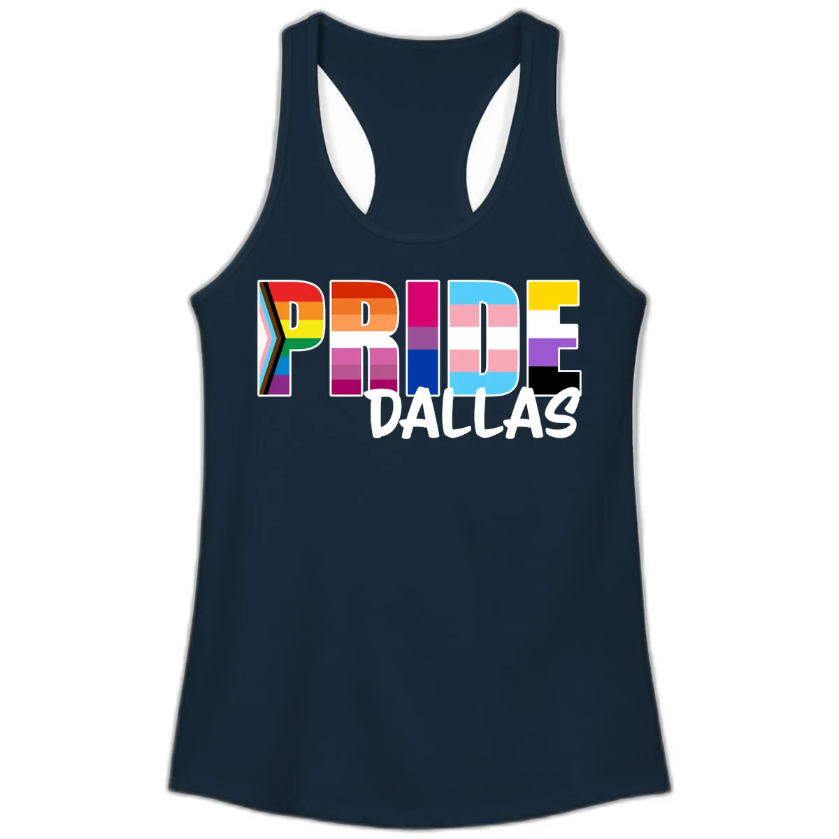 Pride Dallas design with large colorful block letters filled with rainbow and pride flag colors including progress chevron stripes in Solid Midnight Navy