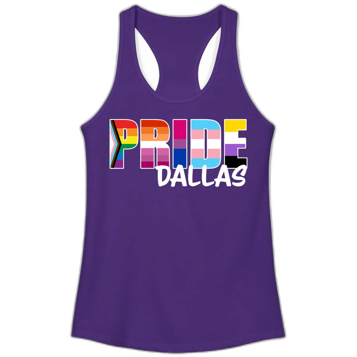 Pride Dallas design with large colorful block letters filled with rainbow and pride flag colors including progress chevron stripes in Solid Purple Rush
