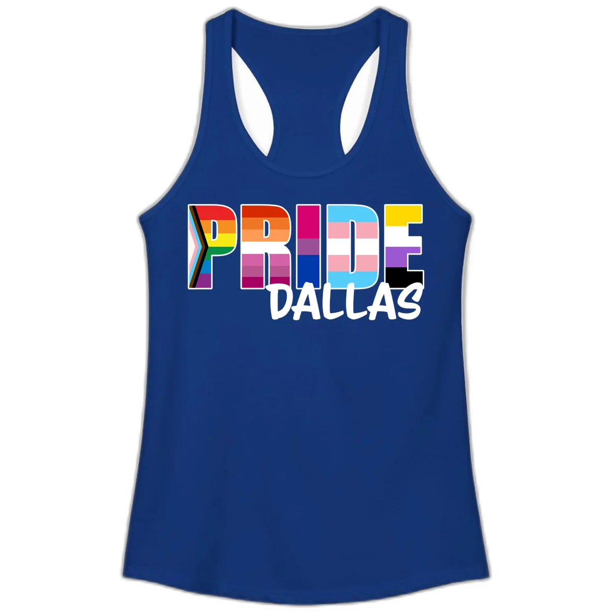 Pride Dallas design with large colorful block letters filled with rainbow and pride flag colors including progress chevron stripes in Solid Royal
