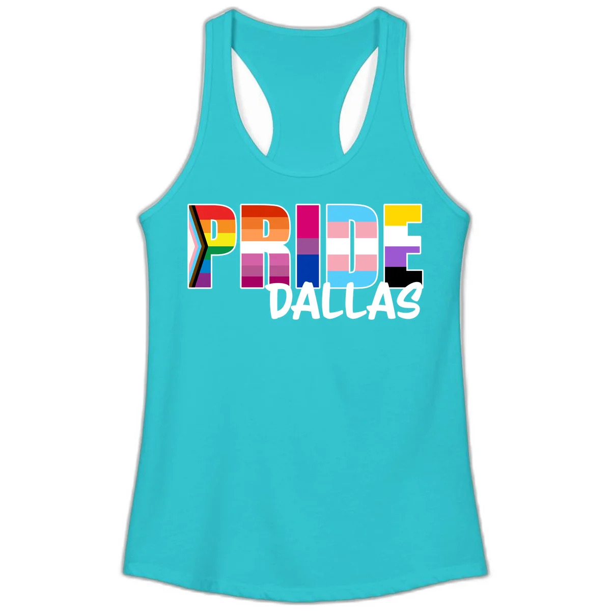 Pride Dallas design with large colorful block letters filled with rainbow and pride flag colors including progress chevron stripes in Solid Tahiti Blue