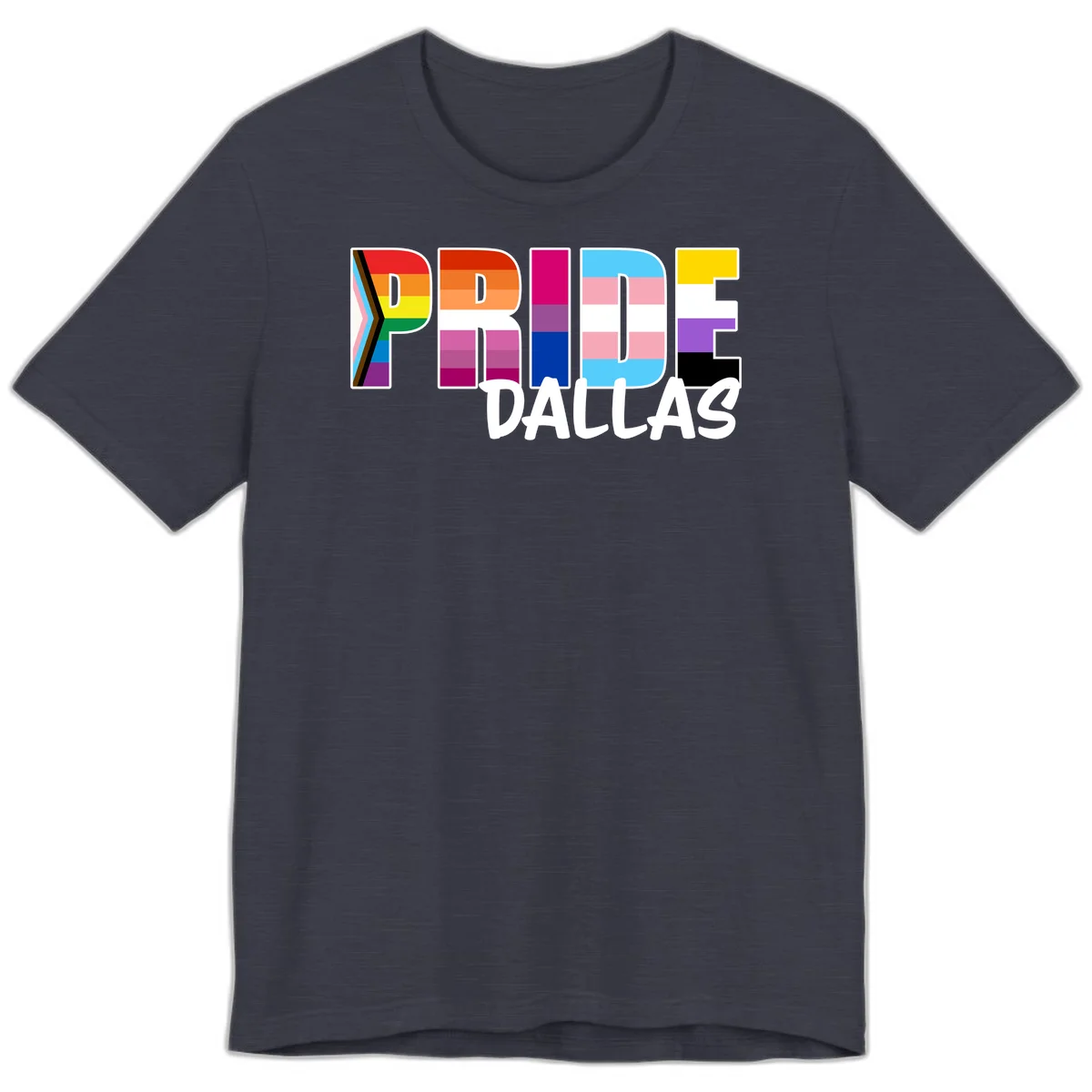 Pride Dallas design with large colorful block letters filled with rainbow and pride flag colors including progress chevron stripes in Heather Midnight Navy